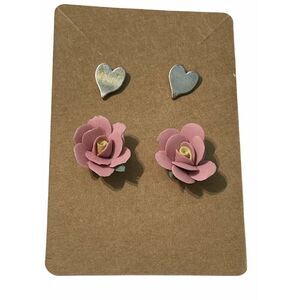 Vintage 90s Stud Earrings Set Flower Heart Pink‎